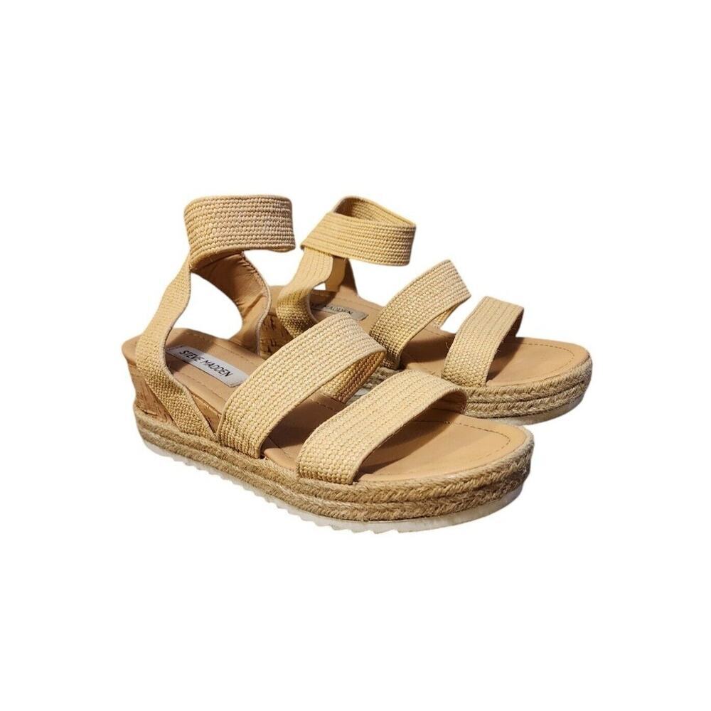 Steve Madden Womens Sz 10 Tan Ankle-Strap Wedge Platform Espadrille Sandals